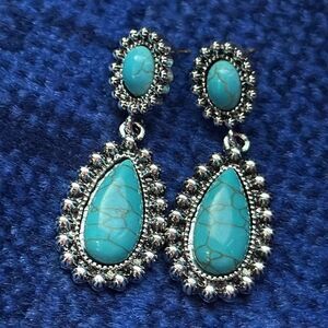 Faux Turquoise Teardrop Earrings | 1.75” Drop | Silver Tone | Gift Ready